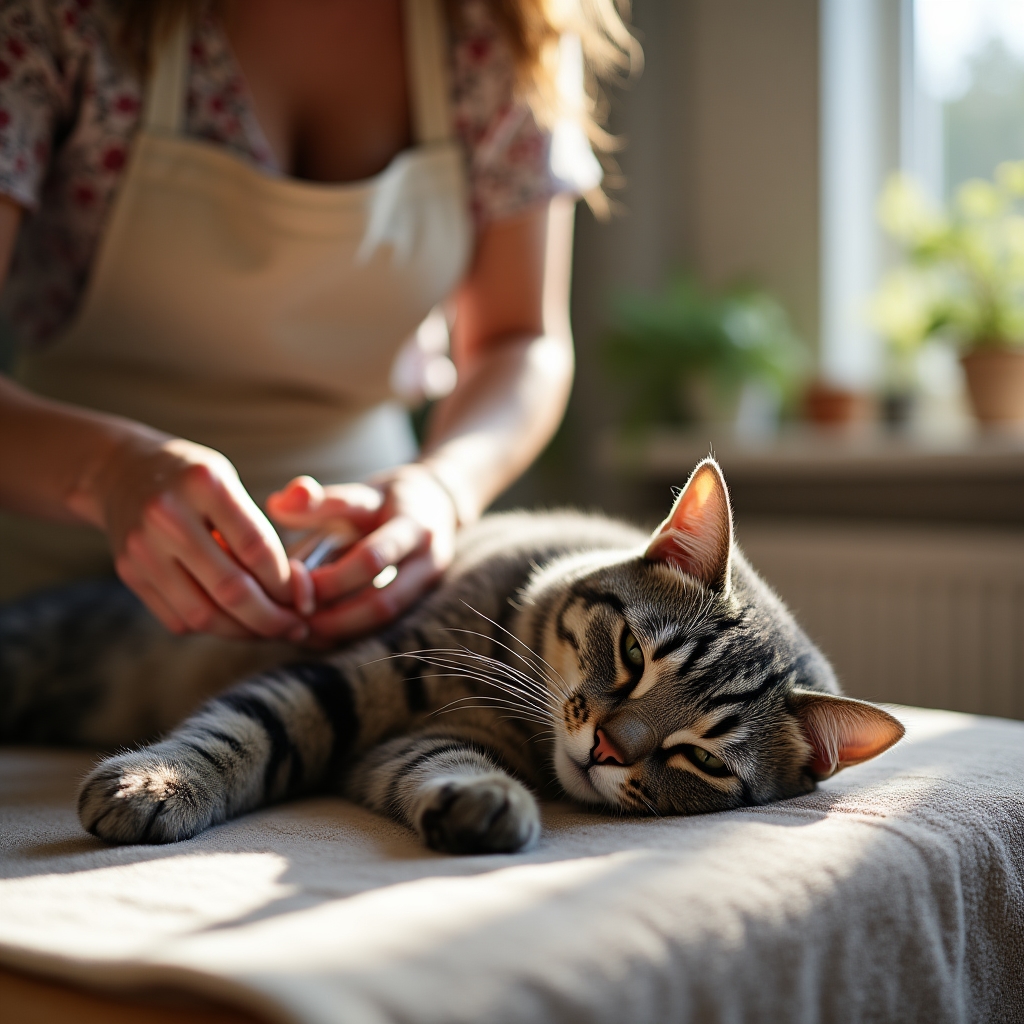 A groomer carefully combing a cat's fur on a towel-covered table inside a home