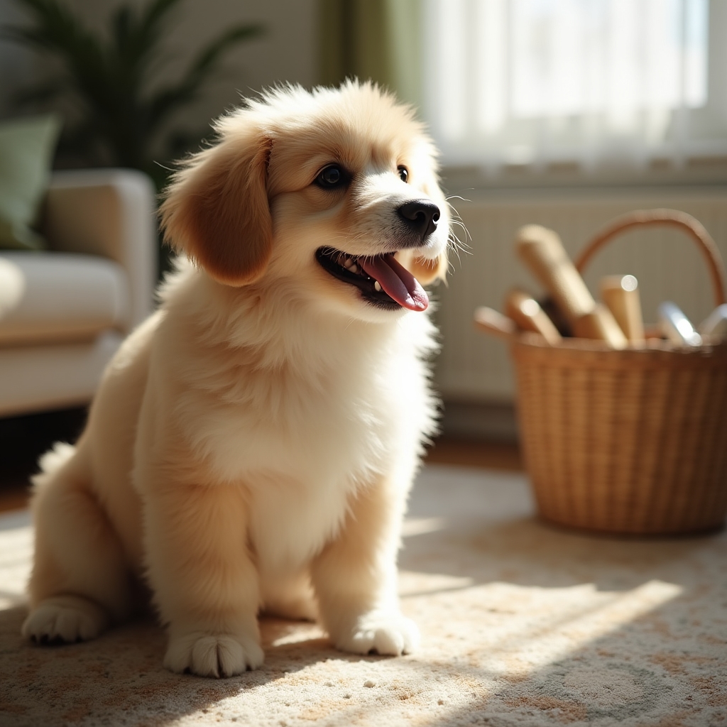 A freshly groomed dog sitting calmly on a living room rug after a home grooming session