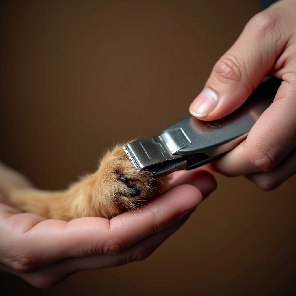 Close-up of a groomer's hands carefully trimming a dog's nails with clippers