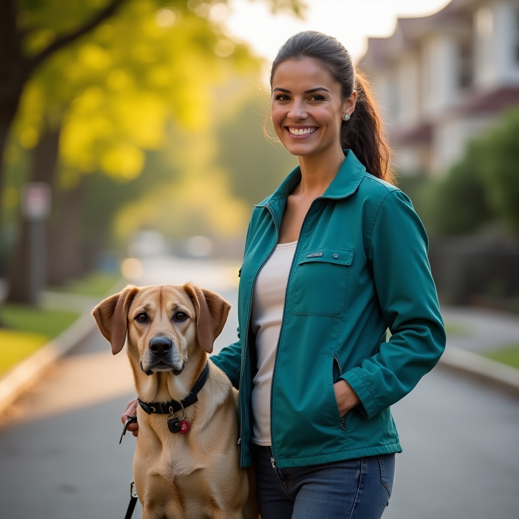 Founder of Wafola Fojehi standing outdoors with a calm groomed dog beside her