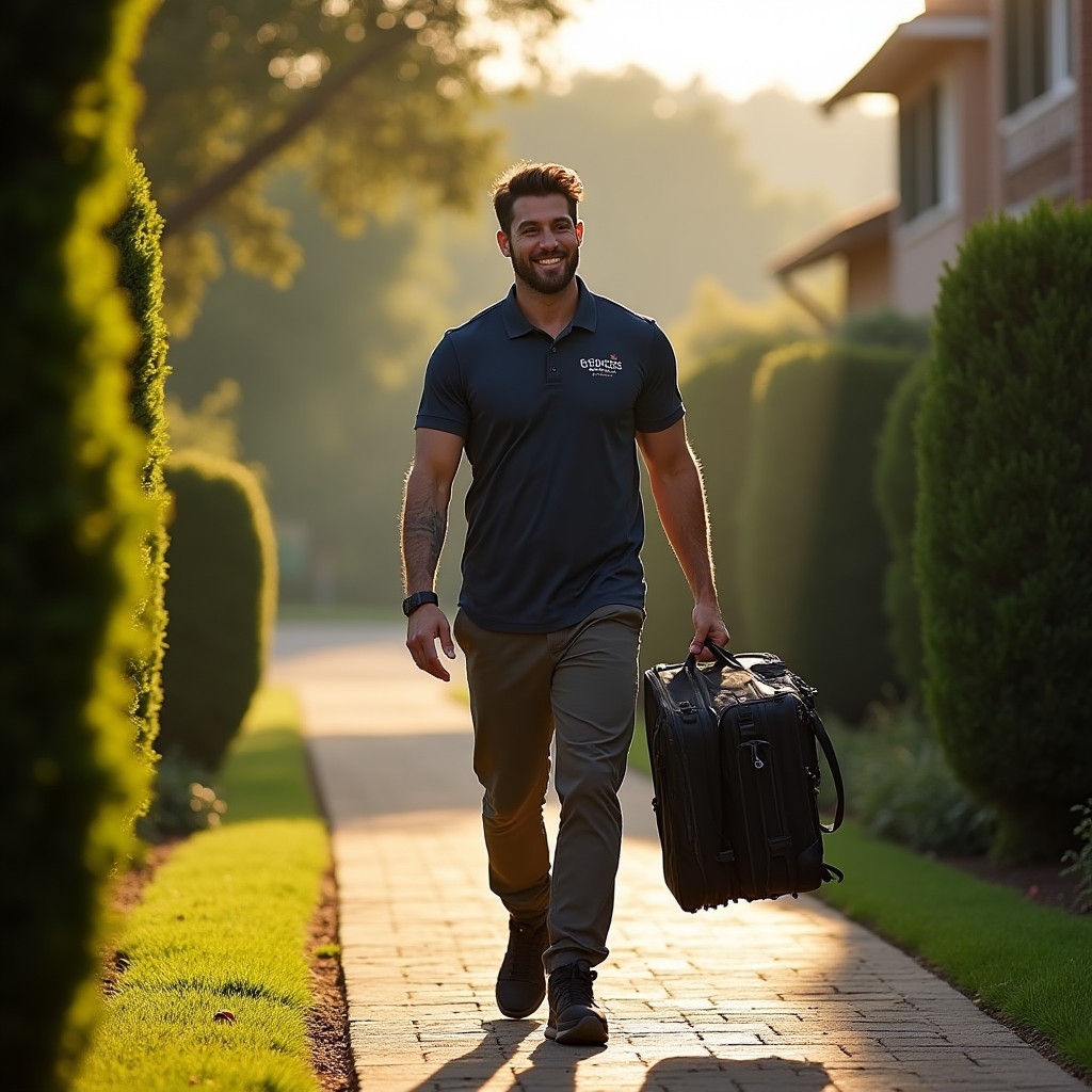 Groomer arriving at a front door carrying a supplies bag and portable grooming case