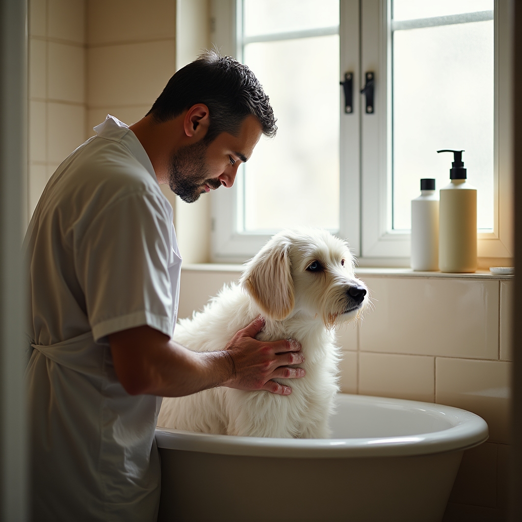 Groomer gently bathing a small dog in a portable tub set up inside a home bathroom