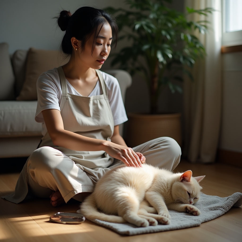 Groomer carefully brushing a fluffy cat's coat while sitting on a living room floor
