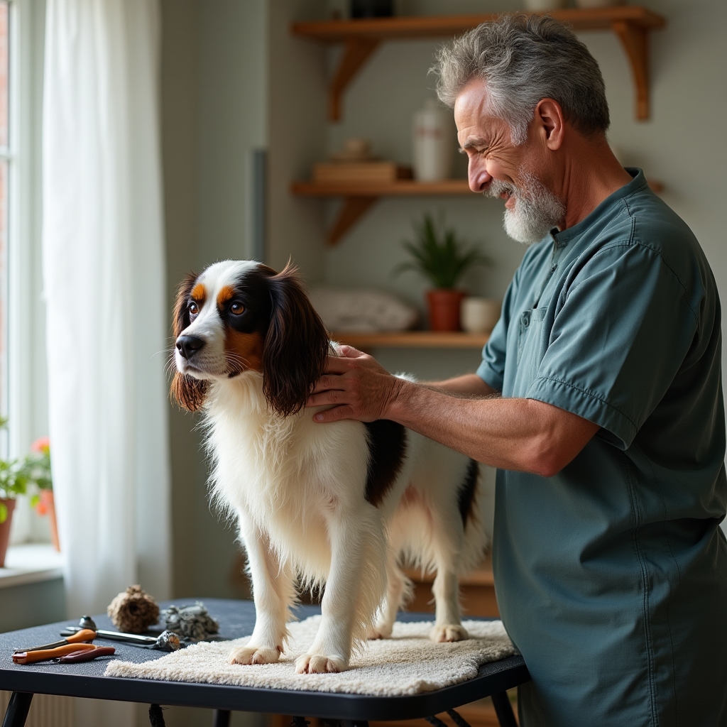 Groomer drying a wet dog with a towel on a grooming table set up in a home