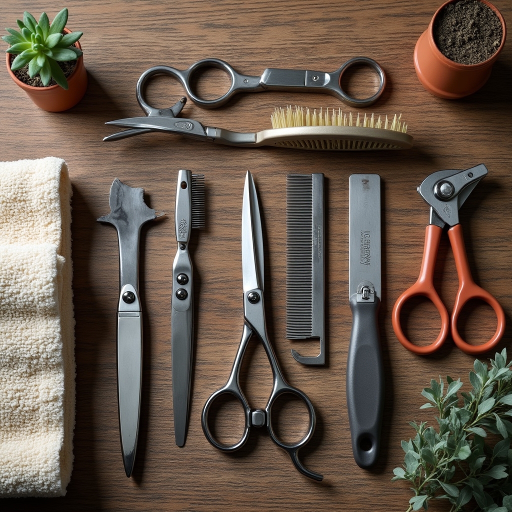 Flat lay of professional pet grooming tools including brushes, clippers and shears arranged on a table