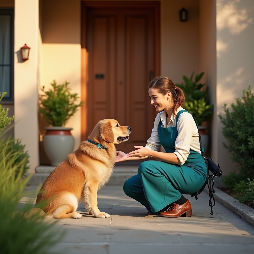 Mobile groomer kneeling to greet a golden retriever at the front door of a home