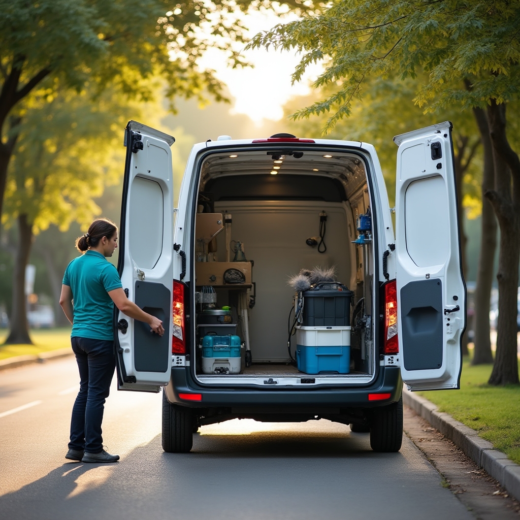 Mobile grooming van parked on a residential street in Vienna with equipment ready