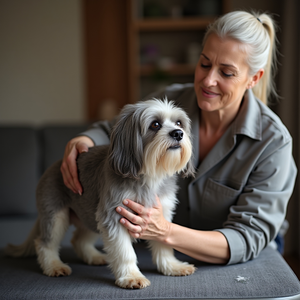 Groomer gently handling an older grey-muzzled dog during a slow-paced grooming session at home